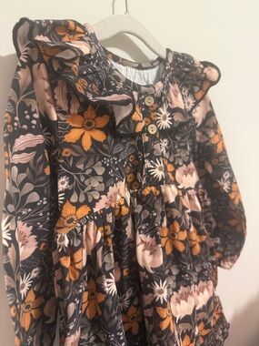 Kids Floral Ruffle Long-Sleeve Dress - Black with Pink & Mustard